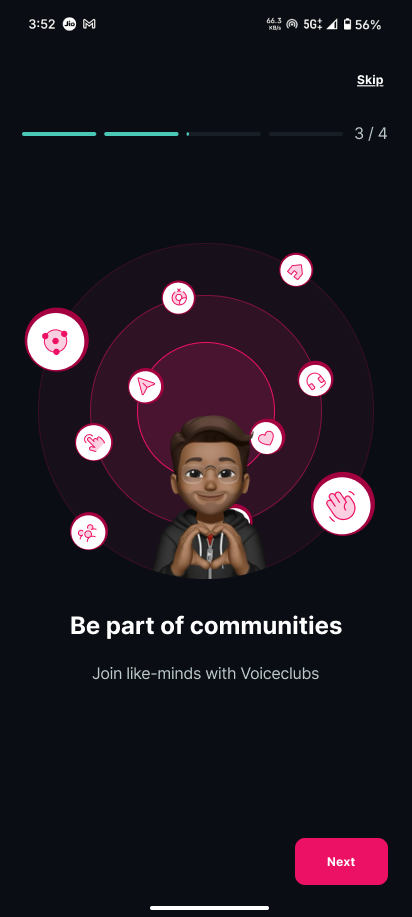 Arré Voice onboarding screen introducing communities with a revolving-orbit composition.
