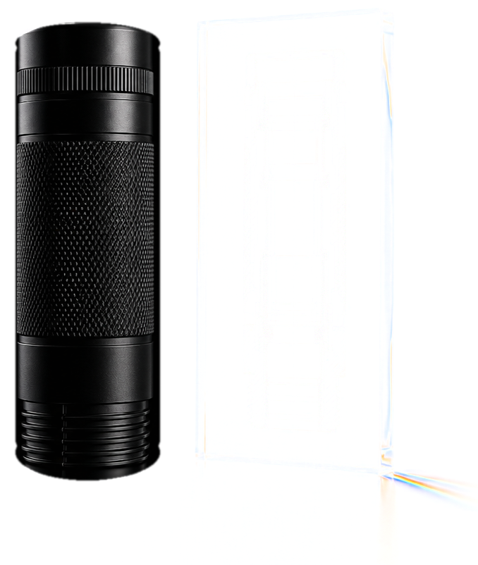 A knurled black cylinder beside a clear glass slab etched with its engineering blueprint.