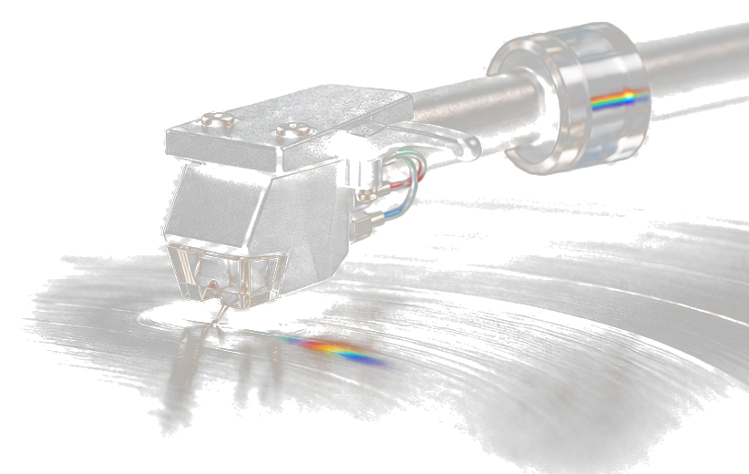 A turntable cartridge and stylus resting over a vinyl record, with a spectral reflection beneath the needle.