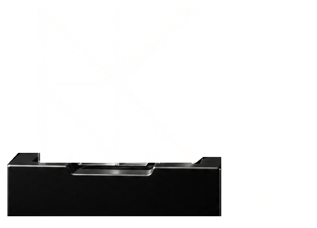 A clear glass RK monogram mounted on a black presentation base.
