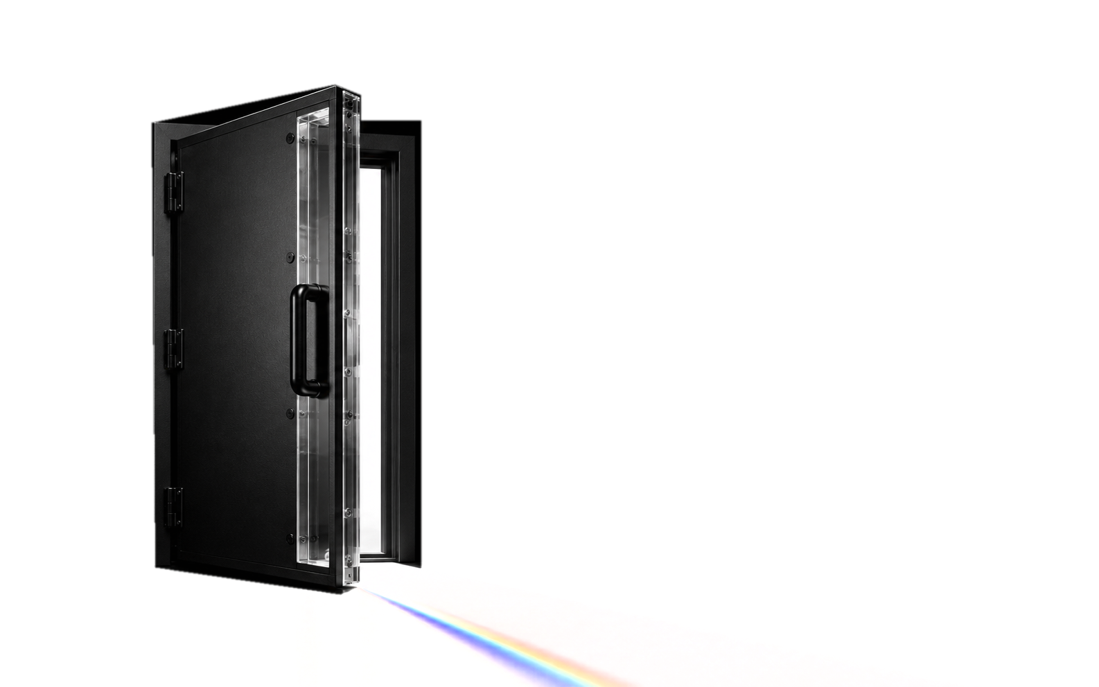 An open black vault door casting a bright refracted beam across the floor.