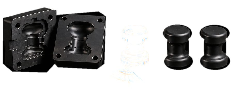 A machined mould, a clear glass chess-like piece, and two black pieces arranged in a production sequence.